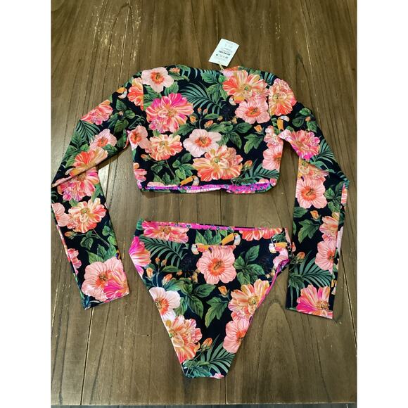 Maaji Floral reversible Long Sleeve Swim Top High Waist Bikini Bottom Set XL - Picture 1 of 9